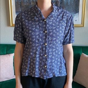 Vintage Lightweight Navy & White Floral Pearl Button Blouse
